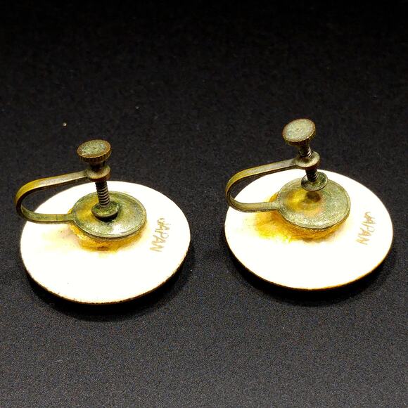 Vintage Japanese Satsuma Porcelain Earrings, Screw Backs, Bamboo Pattern - Picture 4 of 10